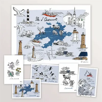 Poster - Ouessant: illustrated map of the island and deck of postcards - TABLE À CARTES