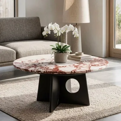 Tables basses - Table basse en marbre rouge blanc Ø 800 mm - SAGIT