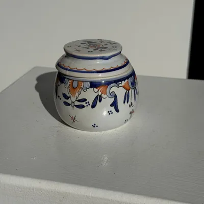 Bols - Petit beurrier à eau en faïence vintage motifs floraux bleus et orange - OFFICE OBJETS