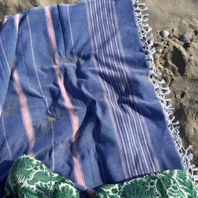 Autres linges de bain - fouta XL bleu parlement-rose poudre 220x160 cm - OTTOMANIA