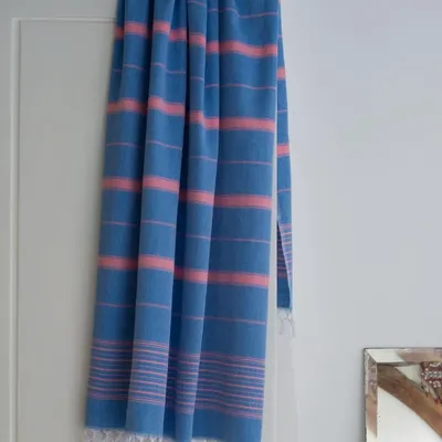 Autres linges de bain - fouta bleu méditerranéen-rose bonbon 170x100cm - OTTOMANIA