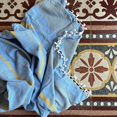 Autres linges de bain - fouta XL bleu/jaune moutarde 220x160cm - OTTOMANIA