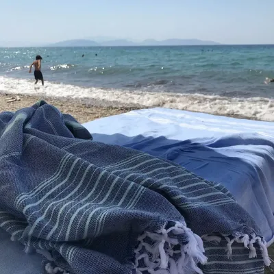 Autres linges de bain - fouta XL bleu marine/vert vif 220x160cm - OTTOMANIA