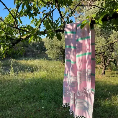 Autres linges de bain - fouta XL rose/vert jade 220x160cm - OTTOMANIA