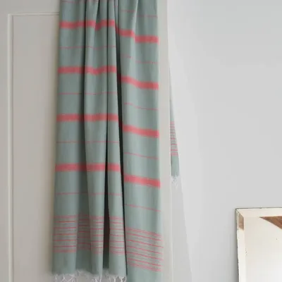 Autres linges de bain - fouta gris vert/rouge corail 170x100cm - OTTOMANIA