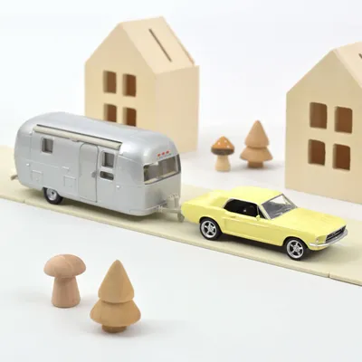 Toys - Toy car Ford Mustang 1968 Meadowlark Yellow with Airstream Caravan Jet-car 1/43 - NOREV
