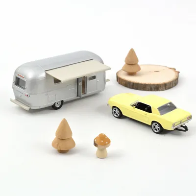 Toys - Toy car Ford Mustang 1968 Meadowlark Yellow with Airstream Caravan Jet-car 1/43 - NOREV