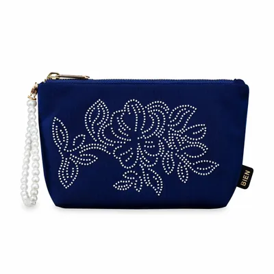 Stationery - Elegant large pouch deep blue with embroidered pearl flowers - BIEN MOVES
