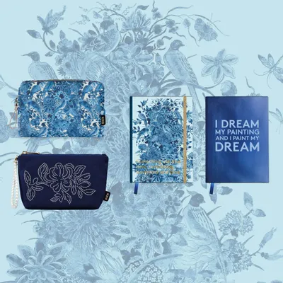 Stationery - Elegant large pouch deep blue with embroidered pearl flowers - BIEN MOVES
