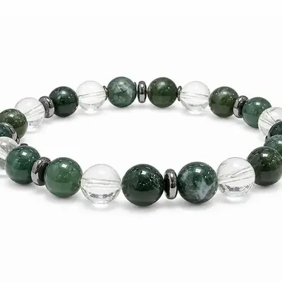 Bracelets - Clear Quartz & Moss Agate AA Bracelet, 8mm Beads - ARABESK