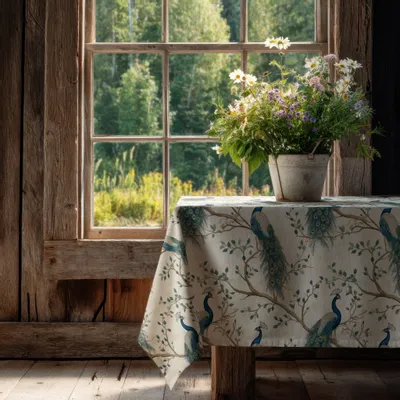 Table cloths - 100% linen tablecloth CHINOISERIE PEACOCK 140x250 cm - NORRAVILLA