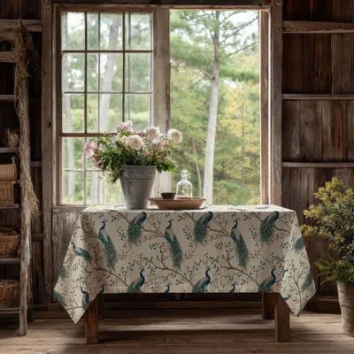 Table cloths - 100% linen tablecloth CHINOISERIE PEACOCK 140x250 cm - NORRAVILLA