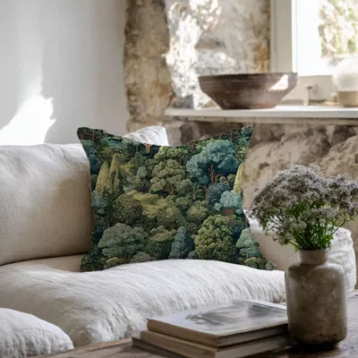 Fabric cushions - 100% linen pilowcase - Green forest - Verdure tapestry print - NORRAVILLA