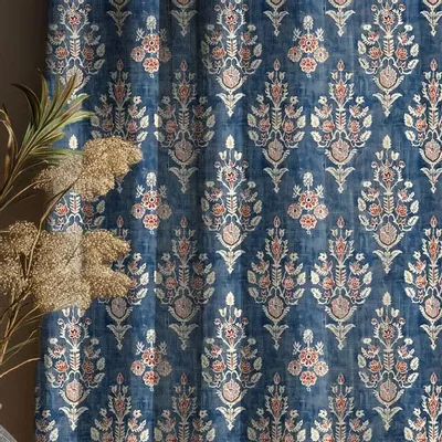 Curtains and window coverings - 100% Linen Curtains  - Indian blue print on heavy linen - NORRAVILLA