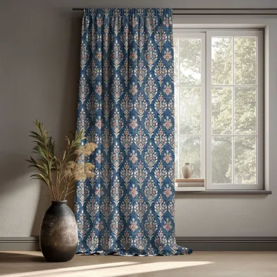 Curtains and window coverings - 100% Linen Curtains  - Indian blue print on heavy linen - NORRAVILLA
