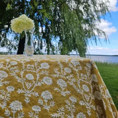 Table cloths - 100% linen tablecloth - Mustard flower print on heavy linen - NORRAVILLA