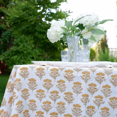 Table cloths - 100% linen tablecloth - Floral Yellow Tansy print on heavy linen - NORRAVILLA