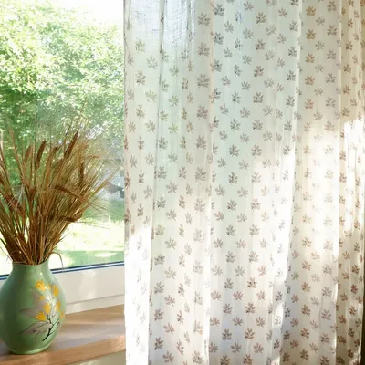 Curtains and window coverings - 100% Linen Curtains  - Brown Acorn leaves  print on sheer linen - NORRAVILLA