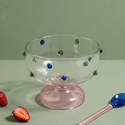 Glass - Borosilicate Glass Dessert Bowl | Confetti Dot Rim | 4x3 In - CASA AMAROSA