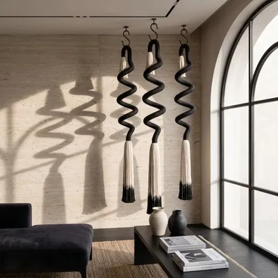 Objets de décoration - Shadow Spiral : installation textile sculpturale faite à la main - SARMAL DESIGN