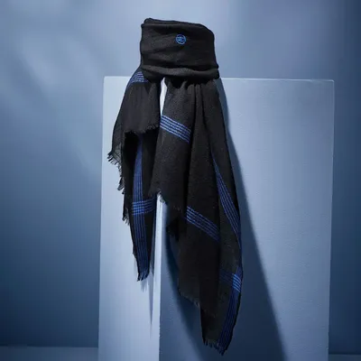 Scarves - DYRHOLAEY MEN'S SCARF — PLAIN BLACK WITH BLUE WOOL BORDER - AV08 PARIS