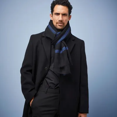 Scarves - DYRHOLAEY MEN'S SCARF — PLAIN BLACK WITH BLUE WOOL BORDER - AV08 PARIS