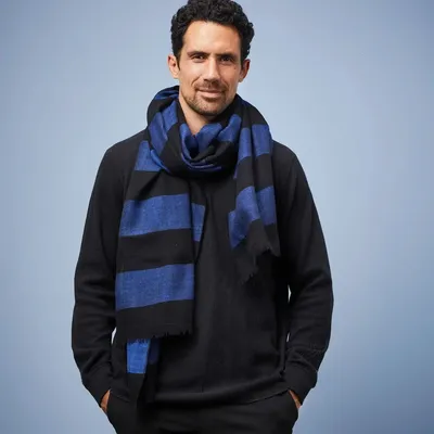 Scarves - SVINOY MEN'S SCARF — WIDE BLACK & ROYAL BLUE WOOL STRIPES - AV08 PARIS