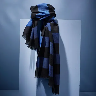 Scarves - SVINOY MEN'S SCARF — WIDE BLACK & ROYAL BLUE WOOL STRIPES - AV08 PARIS