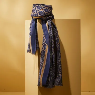 Scarves - BANGARAM MEN'S SCARF — BEIGE & INDIGO BLUE PRINTED PATTERNS IN WOOL - AV08 PARIS