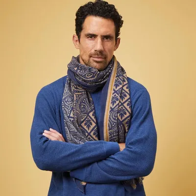 Scarves - BANGARAM MEN'S SCARF — BEIGE & INDIGO BLUE PRINTED PATTERNS IN WOOL - AV08 PARIS