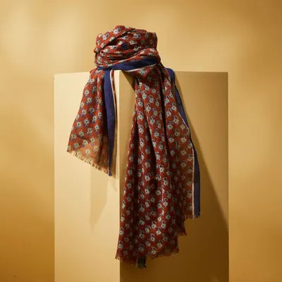 Scarves - KADMAT MEN'S SCARF — FLORAL PATTERNS PRINTED CAMEL & BLUE ORGANIC COTT - AV08 PARIS