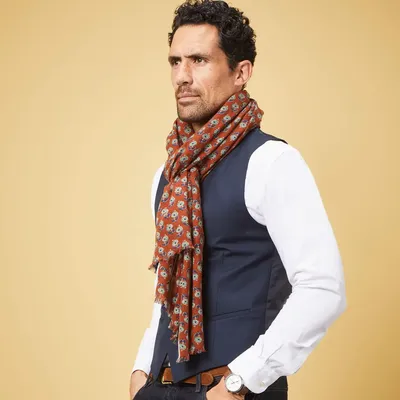 Scarves - KADMAT MEN'S SCARF — FLORAL PATTERNS PRINTED CAMEL & BLUE ORGANIC COTT - AV08 PARIS