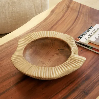 Decorative objects - Large striated teak bowl/tray - 40 cm - DESIGN TRIP