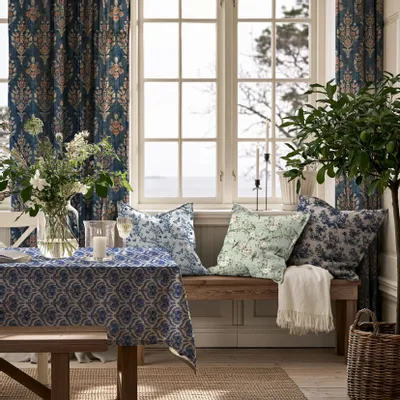Rideaux et voilages - Rideaux 100 % lin - Motif bleu indien sur lin épais - NORRAVILLA