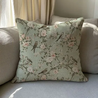 Coussins textile - Taie d'oreiller 100 % lin - Toile de Jouy, oiseaux en fleurs printaniè - NORRAVILLA