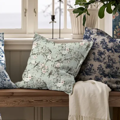 Coussins textile - Taie d'oreiller 100 % lin - Toile de Jouy, oiseaux en fleurs printaniè - NORRAVILLA