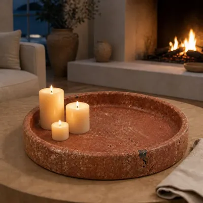 Objets de décoration - Plateau décoratif rond en travertin rouge – Fabriqué en Italie - KALU CREATIONS