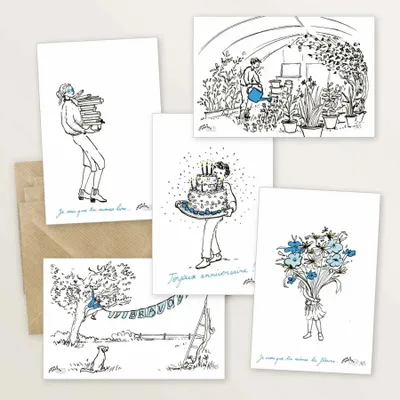Card shop - 5 postcards: Blue Words - TABLE À CARTES