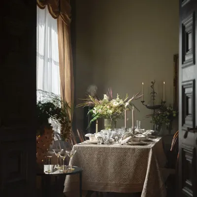 Table linen - Linen Tablecloth with Jaipur print in Old Rose - CHAMOIS