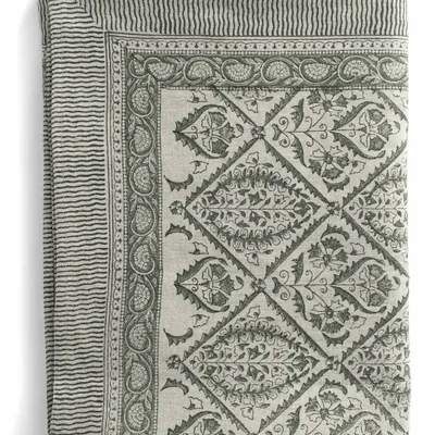 Table linen - Linen Tablecloth with Jaipur print in Moss Green - CHAMOIS