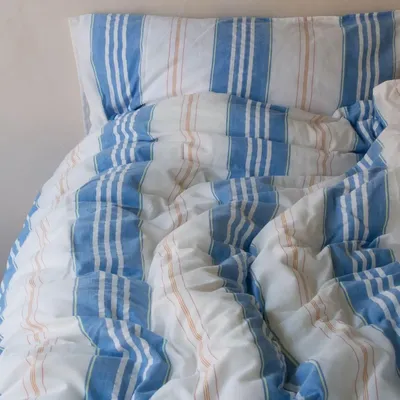 Beds - striped duvet cover - white with mediterranean blue - OTTOMANIA