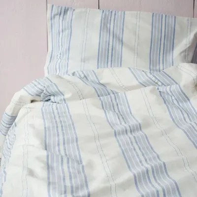 Beds - striped duvet cover - white with greek blue - OTTOMANIA