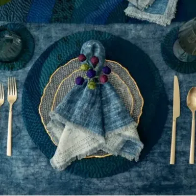 Linge de table textile - Serviette Kantha en lin faite à la main avec teinture à la boue (lot d - MAISON MIEKO