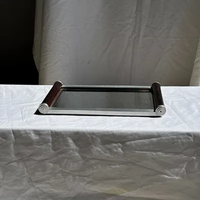 Platter and bowls - Vintage rectangular metal and wood mirror tray L38 H4 - OFFICE OBJETS