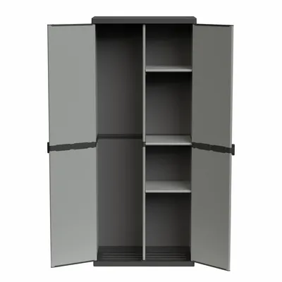 Etagères - Mongardi : Armoire à balais en résine avec deux portes, Facile à monter, Système modulaire, Intérieur et Extérieur, 68L × 38,5P × 165H cm, Gris et Noir - MONGARDI