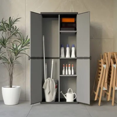 Etagères - Mongardi : Armoire à balais en résine avec deux portes, Facile à monter, Système modulaire, Intérieur et Extérieur, 68L × 38,5P × 165H cm, Gris et Noir - MONGARDI