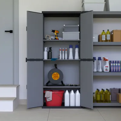 Etagères - Mongardi : Armoire à 3 niveaux en résine avec deux portes, Facile à monter, Système modulaire, Intérieur et Extérieur, 68L × 38,5P × 165H cm, Gris et Noir - MONGARDI