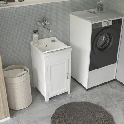 Lavabos - Mongardi : Meuble évier-lavoir en résine, Pré-perçable pour installer un robinet, Résistant aux acides, Intérieur et Extérieur, 45L × 50P × 85H cm, Blanc - MONGARDI
