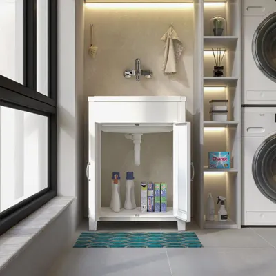Sinks - Mongardi: Resin Utility Sink Cabinet, Pre-Drilled for Tap Installation, Acid-Resistant, Indoor and Outdoor, 60W × 50D × 85H cm, White - MONGARDI