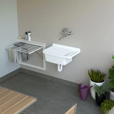 Lavabos - Mongardi : Évier multifonction en résine avec grille, Fixation murale, Résistant aux acides, Intérieur et Extérieur, 50L × 33,5P × 24H cm, Blanc - MONGARDI